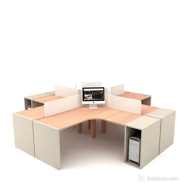 Modern Office Desk With Wooden Top Computer Monitor And Multi Workstation Partition 3d model 