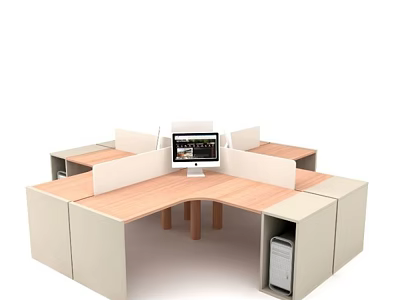 Modern Office Desk With Wooden Top Computer Monitor And Multi Workstation Partition 3d model