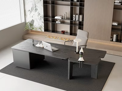 Modern Dark Wooden Desk With Laptop Candles Grey Rug And White Chair By Shelves 3d model