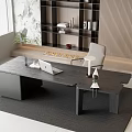 Modern Dark Wooden Desk With Laptop Candles Grey Rug And White Chair By Shelves