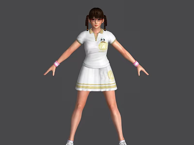 3D Game Movie Character With Brown Pigtails White Shirt Skirt And Pink Wristbands 3d model