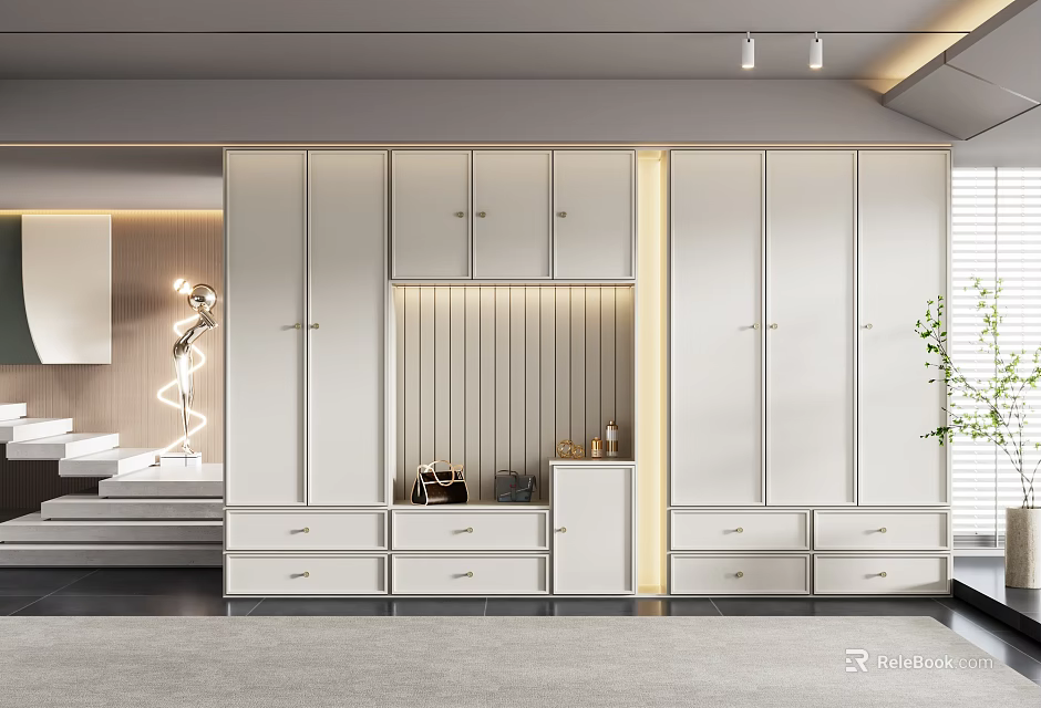 Sleek Modern Shoe Cabinet With White Finish Multiple Drawers And Storage Space In Entryway 3d model 