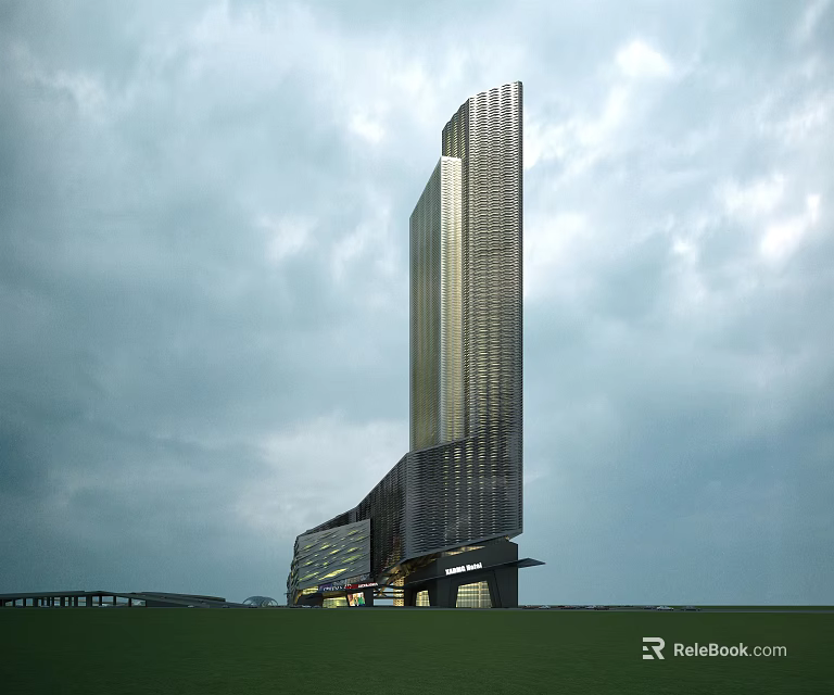 Modern Tall Office Building With Glass Facade And Green Lawn Under Cloudy Sky 3d model 