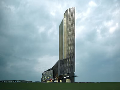 Modern Tall Office Building With Glass Facade And Green Lawn Under Cloudy Sky 3d model