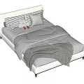 White Double Bed With Gray Comforter Striped Pillow Gray Pillow Teddy Bear And Knitted Blanket