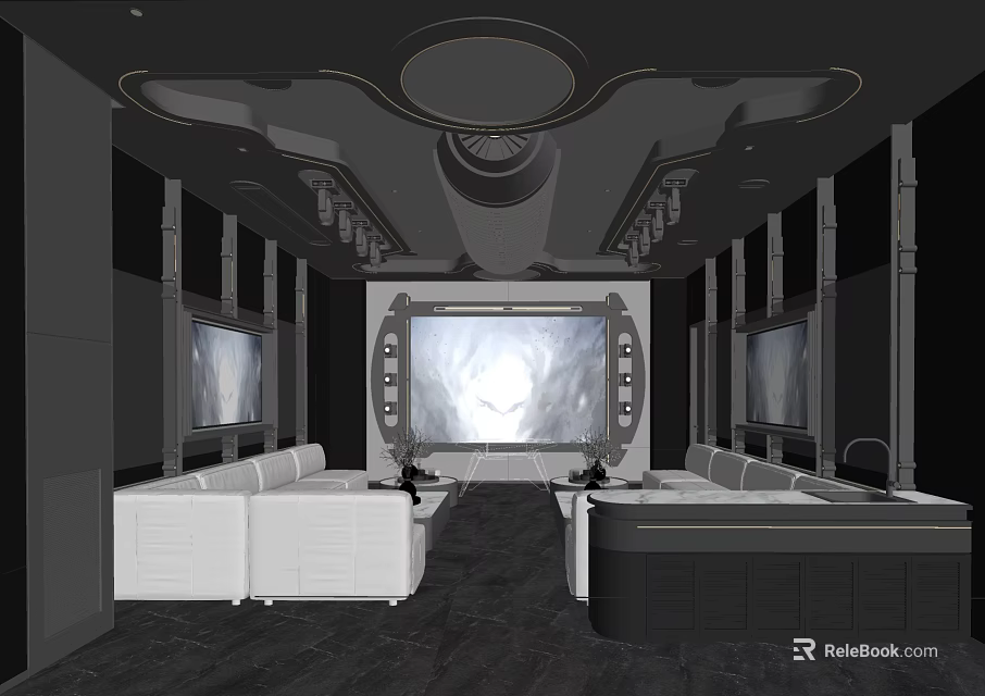 KTV Lounge Interior Design With Large Screen And White Sofa Seating 3d model 