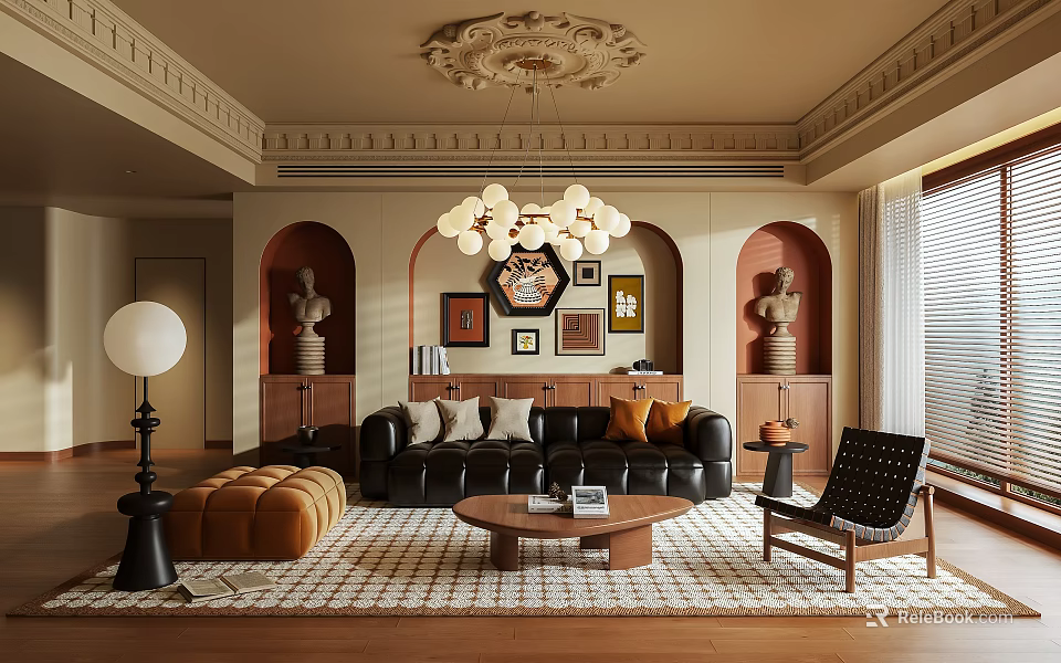 Warm Retro Living Room Interior Design With Black Leather Sofa And Exquisite Art Wall Decor 3d model 