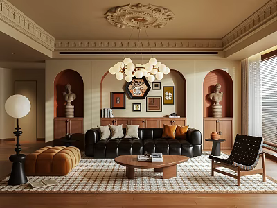Warm Retro Living Room Interior Design With Black Leather Sofa And Exquisite Art Wall Decor 3d model