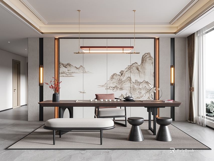 Traditional Chinese Tea Room Featuring Landscape Painting Backdrop Tea Table Sets Seats And Lighting 3d model 