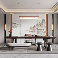 Traditional Chinese Tea Room Featuring Landscape Painting Backdrop Tea Table Sets Seats And Lighting