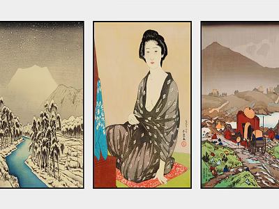 Traditional Japanese Ukiyo e Art Triptych With Geisha And Scenic Landscapes 3d model