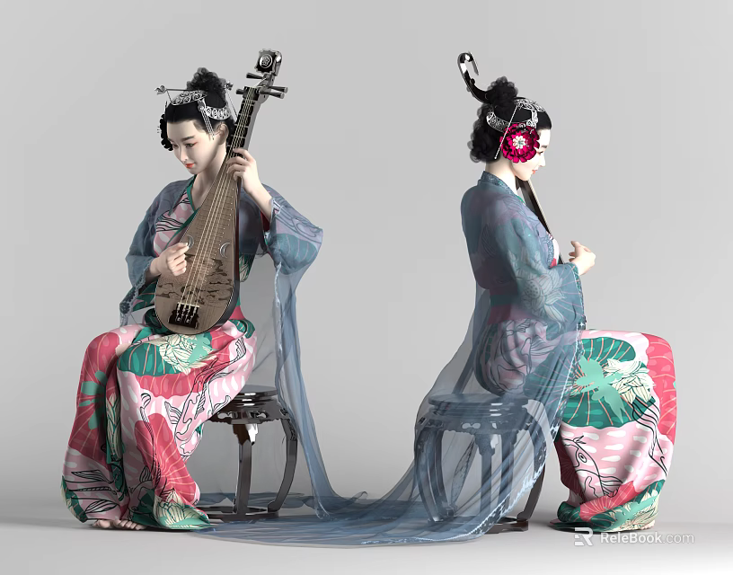 Two Women in Traditional Pink and Green Attire Playing Pipa and Musical Instruments 3d model 