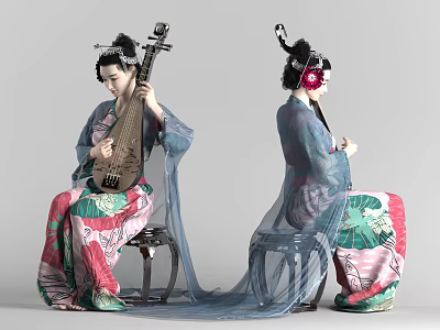 Two Women in Traditional Pink and Green Attire Playing Pipa and Musical Instruments 3d model