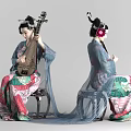 Two Women in Traditional Pink and Green Attire Playing Pipa and Musical Instruments
