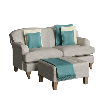 Gray Double Sofa With Turquoise And Beige Pillows Matching Ottoman Wooden Legs 3d model
