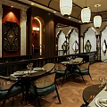 Classic Restaurant Interior With Wooden Decor Hanging Lanterns And Dining Tables