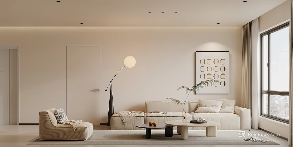 Minimalist Living Room Interior With Beige Sofa Floor Lamp And Decorative Painting 3d model 
