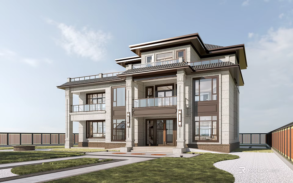 Chinese Modern Two Story Detached Villa With Large Windows Balcony Lawn And Stone Path 3d model 