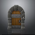 Medieval Stone Archway Structure With Wooden Door Metal Rivets And Cross Decoration