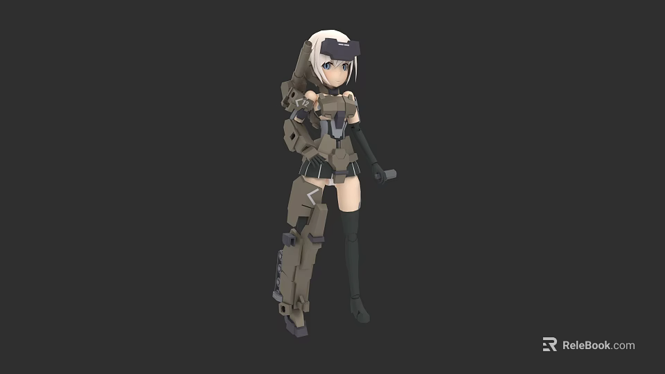 Female Character in Military Armor with White Hair Goggles and Mechanical Gear on Dark Background 3d model 