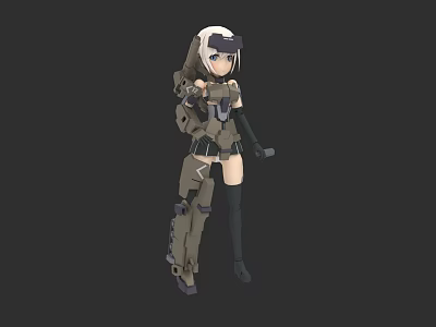 Female Character in Military Armor with White Hair Goggles and Mechanical Gear on Dark Background 3d model