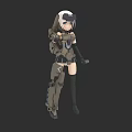 Female Character in Military Armor with White Hair Goggles and Mechanical Gear on Dark Background
