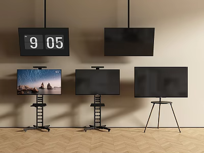 Five TVs Including Wall Mounted And Stand Units Display Time Scenery And Black Screens 3d model