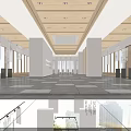 Spacious Modern Hall Interior With Wooden Ceiling Recessed Lights Skylight White Columns And Hanging Artworks