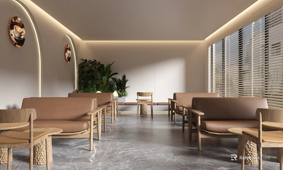 Elegant Modern Café Interior With Brown Sofas Wooden Tables Green Plants And Marble Flooring 3d model 