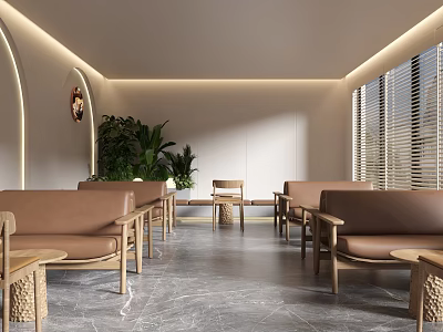 Elegant Modern Café Interior With Brown Sofas Wooden Tables Green Plants And Marble Flooring 3d model