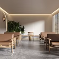 Elegant Modern Café Interior With Brown Sofas Wooden Tables Green Plants And Marble Flooring