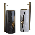 Elegant Black And White Marble Freestanding Washbasin With Brass Faucets And Gold Accents