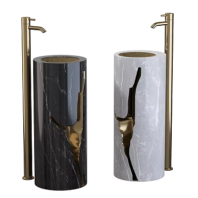 Elegant Black And White Marble Freestanding Washbasin With Brass Faucets And Gold Accents 3d model