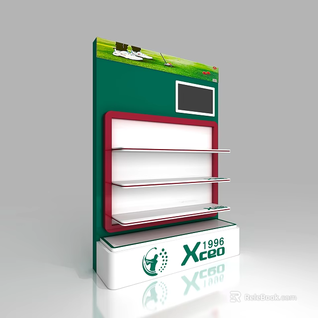 Specialty Store Display Unit With Green Red Design Digital Screen And Multi Layer Shelves 3d model