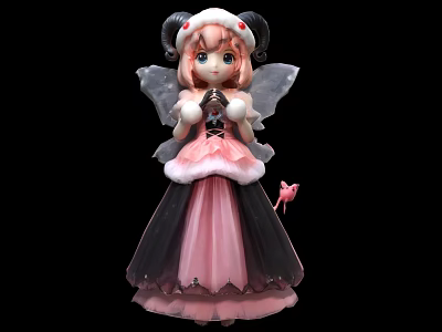 Cute Fantasy Game Character In Pink Black Dress With Ram Horns And Sheer Wings 3d model