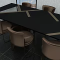 Elegant Modern Black Conference Table Featuring Cross Brown Stripes And Brown Chairs