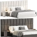 Double Bed Upholstered Headboard Design With Light Dark Gray Throw Pillows Blanket And Minimalist Nightstand