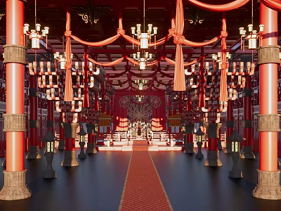 Traditional Chinese Palace Hall Interior With Red Columns Hanging Lanterns And Red Carpet 3d model