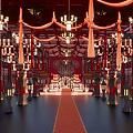 Traditional Chinese Palace Hall Interior With Red Columns Hanging Lanterns And Red Carpet