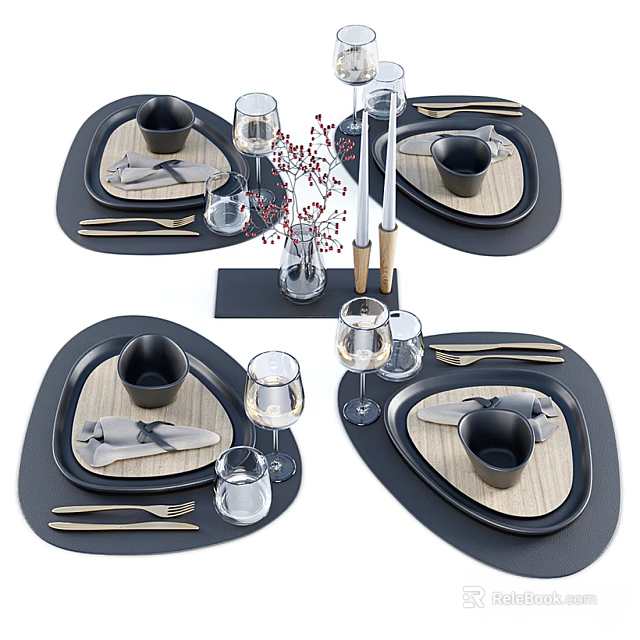 Modern Minimalist Dinnerware Set Featuring Plates Bowls Cutlery Wine Glasses And Decorative Vase 3d model 