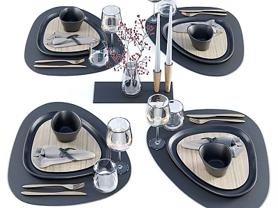 Modern Minimalist Dinnerware Set Featuring Plates Bowls Cutlery Wine Glasses And Decorative Vase 3d model