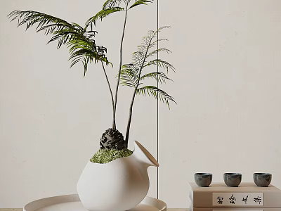 Indoor Bonsai Plant In White Ceramic Pot With Lush Green Leaves And Decorative Tray 3d model