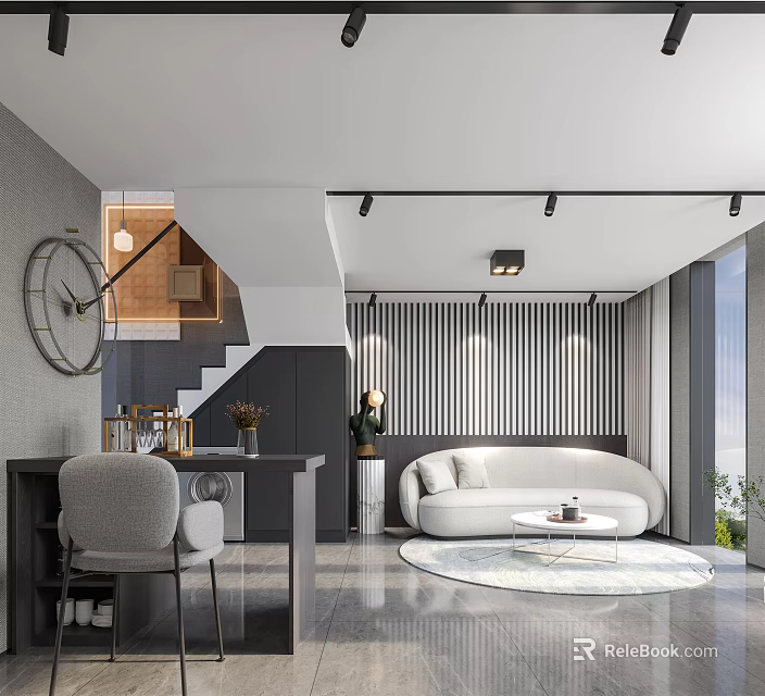 Modern Apartment Living Room With White Curved Sofa Round Rug And Black Striped Wall 3d model 
