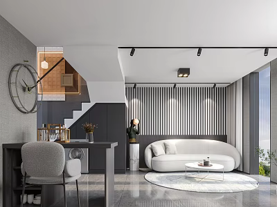 Modern Apartment Living Room With White Curved Sofa Round Rug And Black Striped Wall 3d model