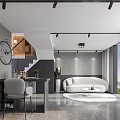 Modern Apartment Living Room With White Curved Sofa Round Rug And Black Striped Wall
