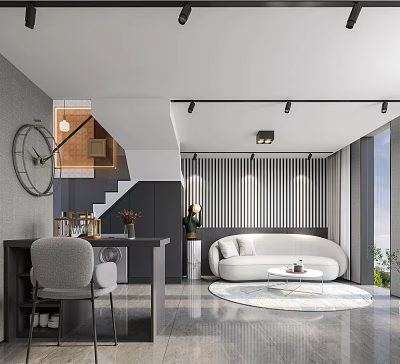 Modern Apartment Living Room With White Curved Sofa Round Rug And Black Striped Wall 3d model