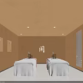 SPA Sauna Interior with Massage Beds Brown Walls Circular Decor Paintings and Warm Lighting