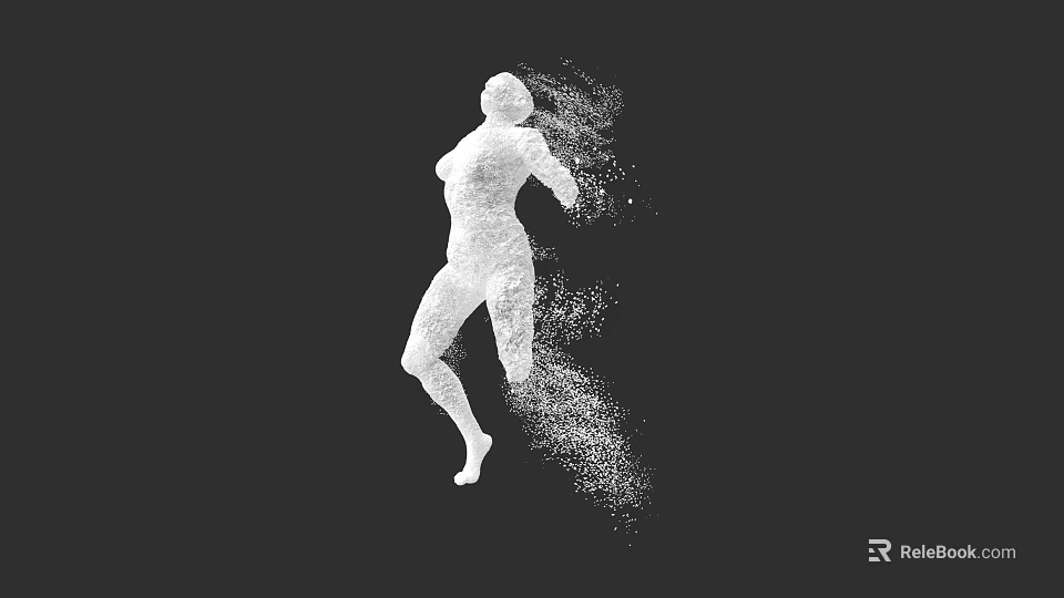 White Particle Formed Game Movie Character Jumping Silhouette on Black Background 3d model 