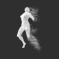 White Particle Formed Game Movie Character Jumping Silhouette on Black Background
