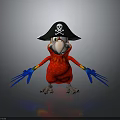 Red Parrot Wearing Pirate Hat With Skull Design And Blue Claws Standing On Reflective Surface